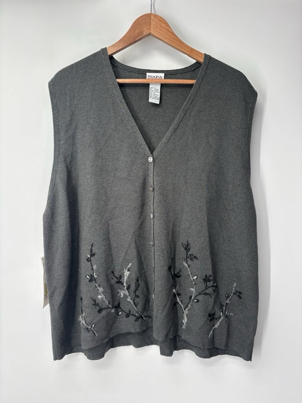 Vintage Napa Studio Sweater Vest Womens 1X Gray Black Floral Embroidered 90s